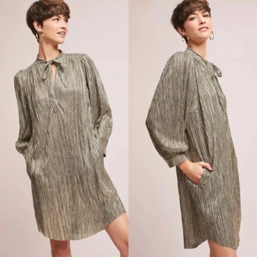 Sabina Musayev Agatha Metallic Gold Long‎ Sleeve Mini Dress Shift Size Large